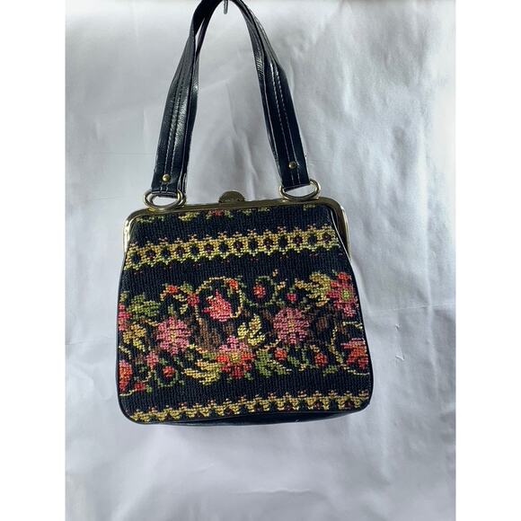 Women's Black Needle-Point Vintage 60's Square Tapestry Carpet Chic Shoulder Bag - Picture 2 of 10